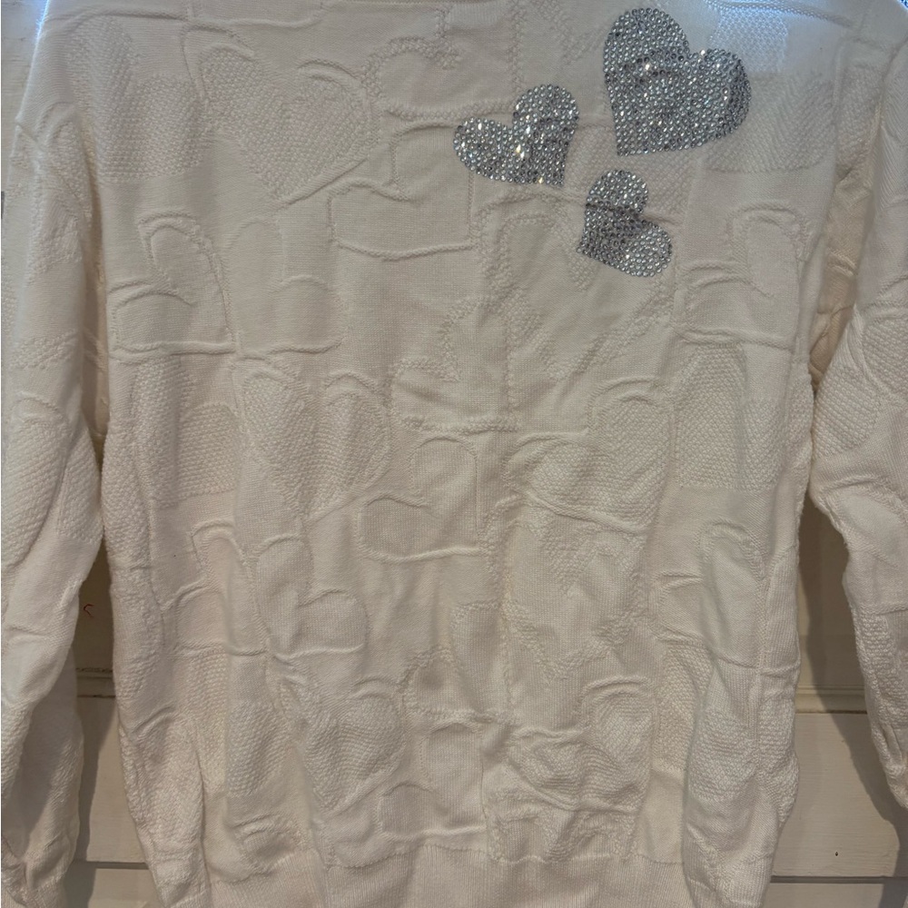 Chico's White and Silver Crew Neck Sweater with Decorative Details